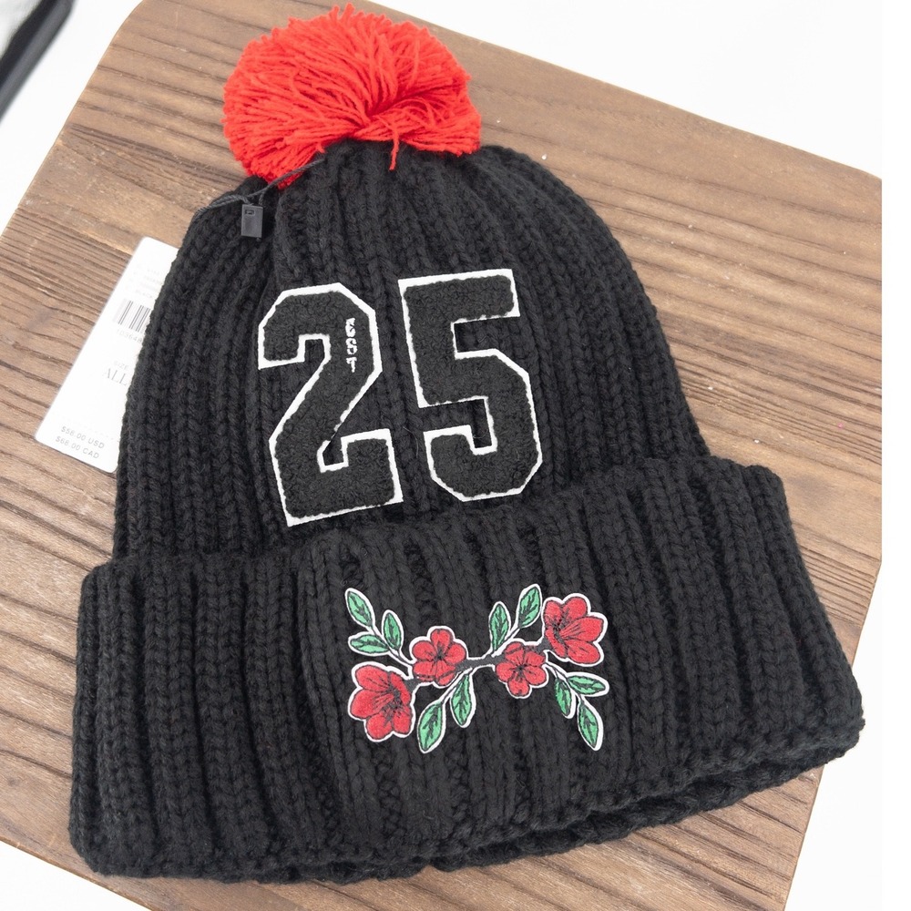 Wild Collective Anthropologie Game Day Beanie Black Floral Pom Pom Hat‎ NWT
